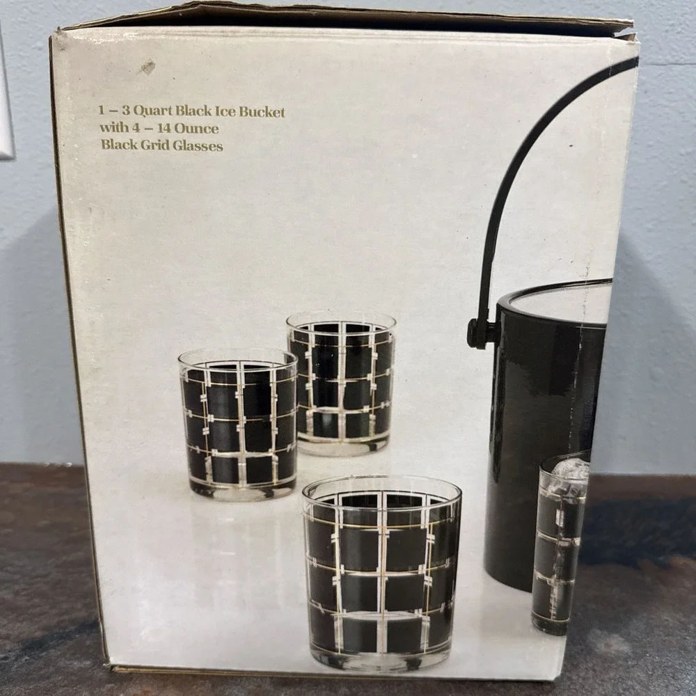 Vintage Shelton-Ware Ice Bucket & 4 Glasses MCM Black Gold Grid Barware Set NIB